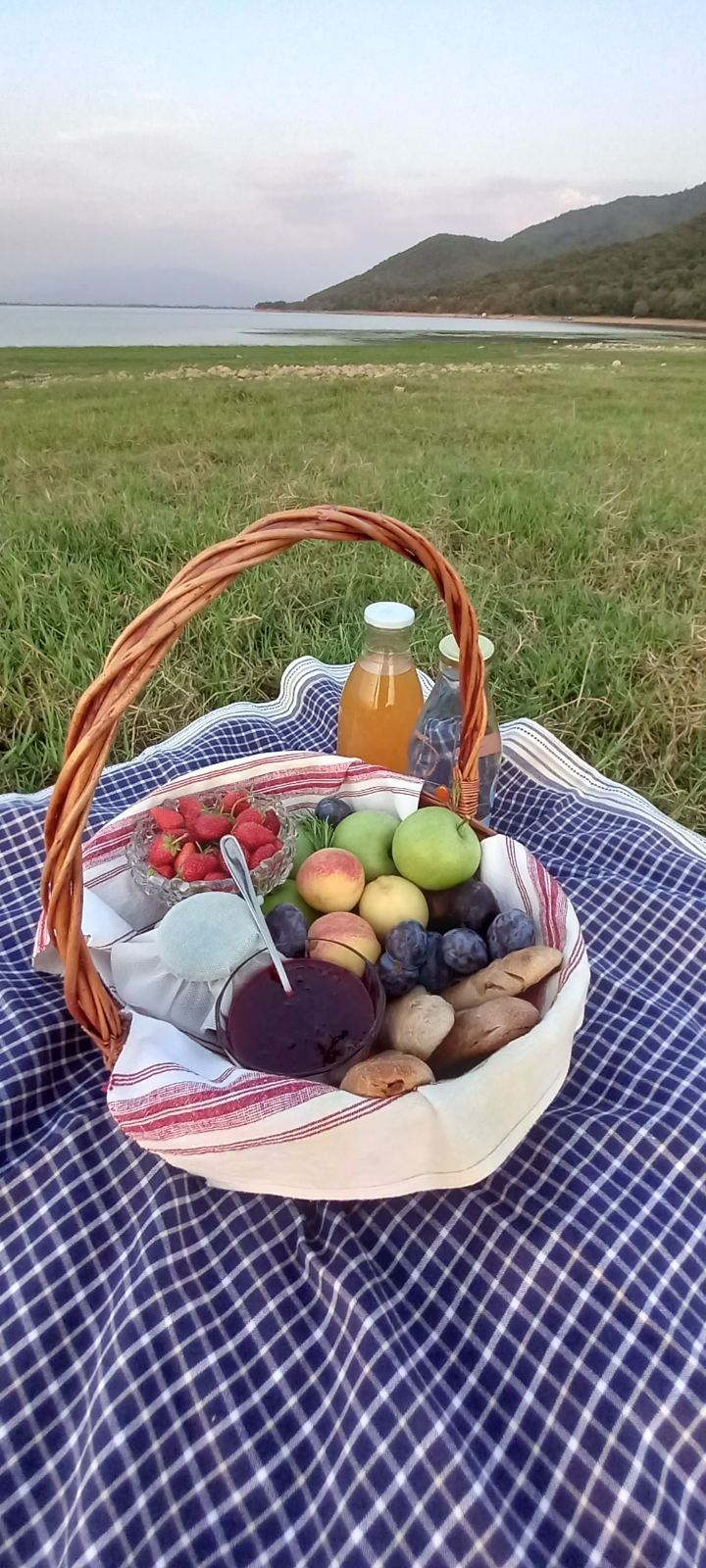 Rustic picnic basket with fresh Greek fruits on blanket overlooking Lake Kerkini